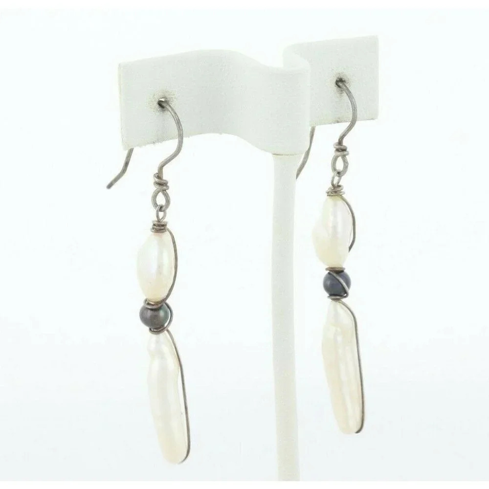 Sterling Silver White and Black Pearl Earrings Dangle Drop Earrings - Picture 4 of 7